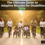 People riding adaptive bicycles outdoors.