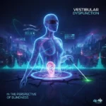 A professional visualization of Vestibular Dysfunction in the perspective of blindness, featuring a digital human figure with a white cane and a highlighted inner ear system, with the dp-ho by Imtiyaz Ali logo.