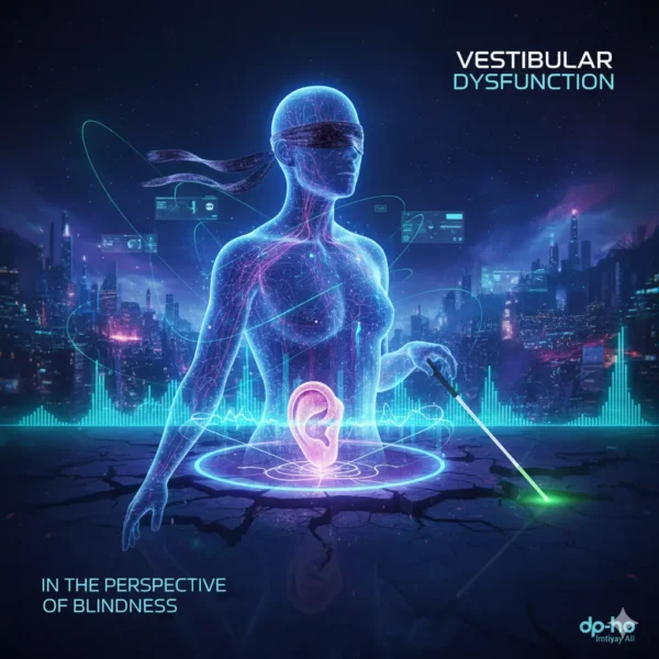 A professional visualization of Vestibular Dysfunction in the perspective of blindness, featuring a digital human figure with a white cane and a highlighted inner ear system, with the dp-ho by Imtiyaz Ali logo.