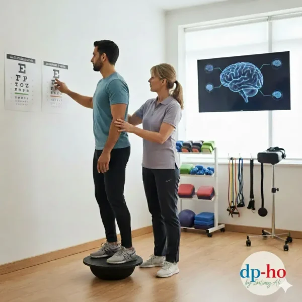 A specialized balance therapy session for Vestibular Dysfunction where a patient uses a balance board and visual charts to retrain the brain's equilibrium system.