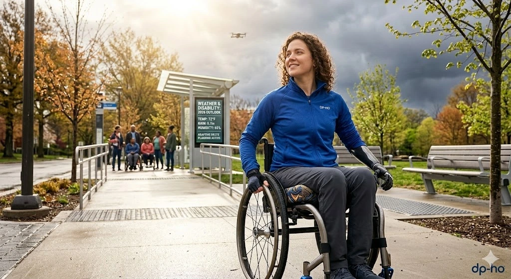 A woman in a wheelchair outdoors in a park setting, observing a digital "Weather & Disability: 2026 Outlook" display screen, with the dp-ho logo in the bottom right corner.
