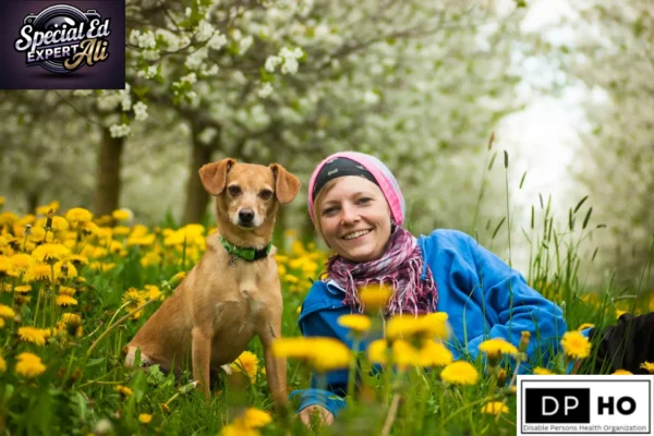 A smiling woman and her small brown dog resting peacefully in a lush garden filled with bright yellow dandelions and blossoming white trees. The woman is wearing a blue jacket and a pink beanie, capturing a moment of relaxation and mental well-being. The image features the "Special Ed Expert Ali" logo and the "DP- HO (Disable Persons Health Organization)" logo, symbolizing self-care and stress management for caregivers.