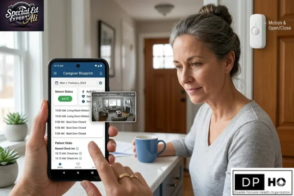 A woman sitting at a table with a coffee cup, looking at a smartphone displaying the "Caregiver Blueprint" app. The app shows real-time motion alerts and a living room camera feed. In the background, a white smart sensor is mounted on a wooden door labeled "Motion & Open/Close." The image includes logos for "Special Ed Expert Ali" and "DP HO (Disable Persons Health Organization)," illustrating the use of smart technology and monitoring apps for caregivers.