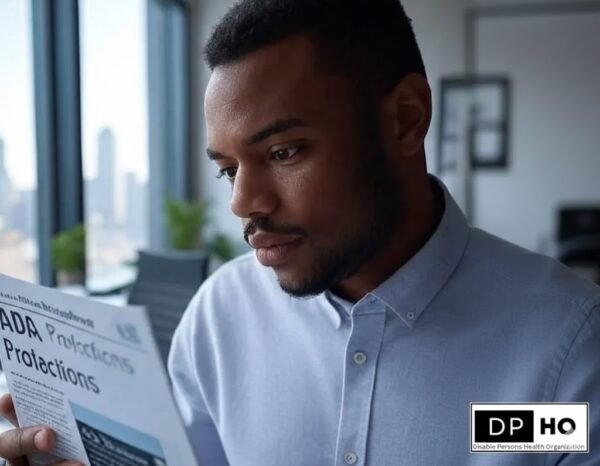 A close-up of a professional man in a light blue shirt focused on reading a document titled 'ADA Protections.' The background shows a blurred modern office setting with a window view. The DP-HO (Disable Persons Health Organization) logo is placed in the bottom right corner.
