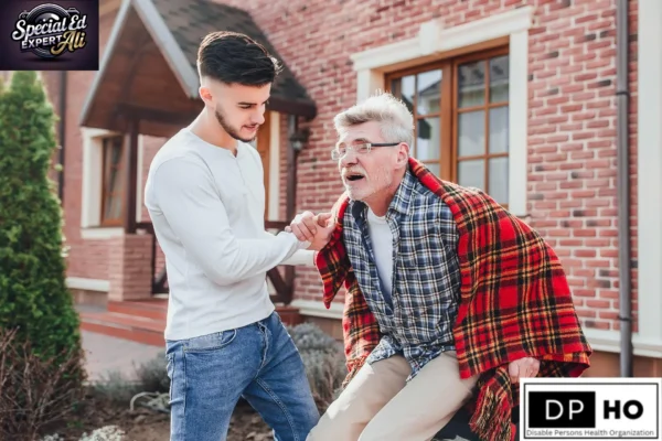 A blueprint of caregivers in action, this photograph captures a dedicated young caregiver in a white long-sleeved shirt and jeans providing essential support to a senior man wrapped in a red tartan blanket. Based in Hafizabad, Pakistan, the 'Special Ed Expert Ali' logo in the top-left corner signifies their professional and technical insights. The bottom-right 'DP HO' Disable Persons Health Organization logo confirms their dedication to disability inclusion. The young caregiver is holding the older man's hand as he sits on a small black scooter or transport chair. The red-tartan-patterned blanket provides warmth to the older man in his blue plaid shirt and khaki pants. The warm, residential brick-home background is a comfortable, private setting for disability care, which is a key part of inclusive education.
