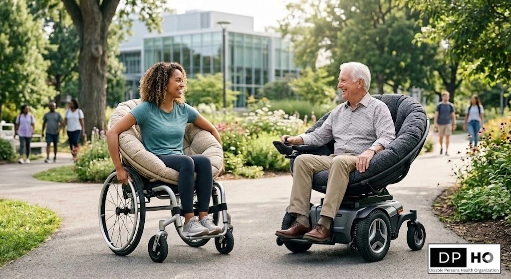 A side-by-side comparison of modern Bowl Chairs on Wheels, featuring a manual Papasan-style wheelchair for active users and a power-assisted Mamasan-style model for maximum comfort, with the Disable Persons Health Organization (DP HO) logo.