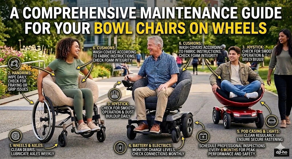 A comprehensive maintenance guide infographic for Bowl Chairs on Wheels, featuring detailed care instructions for wheels, handrims, joysticks, and cushions, with the dp-ho logo in the bottom right corner.