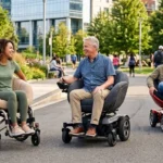 Three diverse individuals outdoors using different models of Bowl Chairs on Wheels, including manual and power-assisted versions, with the dp-ho logo positioned in the bottom right corner.