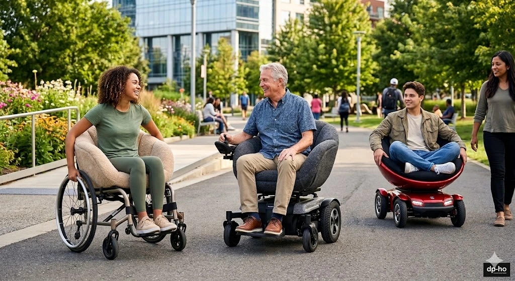 Three diverse individuals outdoors using different models of Bowl Chairs on Wheels, including manual and power-assisted versions, with the dp-ho logo positioned in the bottom right corner.