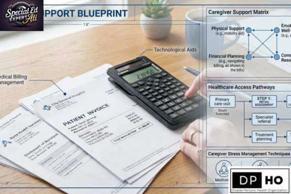 A high-quality graphic titled "Support Blueprint" featuring a person's hand using a pen and a calculator to manage medical invoices. The image includes detailed overlays such as a "Caregiver Support Matrix" and "Healthcare Access Pathways" flowchart. Logos for "Special Ed Expert Ali" and "DP HO (Disable Persons Health Organization)" are visible in the corners, emphasizing resources for medical billing management and technological aids for caregivers.