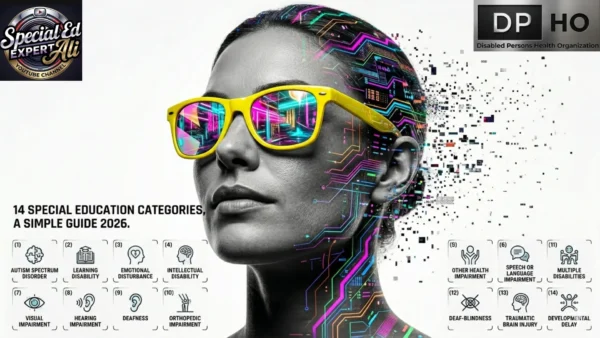A high-fashion, ultra-high-resolution horizontal graphic titled "14 SPECIAL EDUCATION CATEGORIES, A SIMPLE GUIDE 2026." The central visual features a black-and-white close-up portrait of a confident woman wearing vibrant yellow sunglasses that reflect a colorful neon cyberpunk cityscape. The left side of her face integrates seamless, glowing digital circuit board patterns in pink, green, and blue tones that break apart into digital pixels against a pure white studio backdrop. Arranged neatly along the bottom-left and bottom-right are individual icons representing the 14 Special Education Categories, including Autism Spectrum Disorder, Learning Disability, Emotional Disturbance, Intellectual Disability, Visual Impairment, Hearing Impairment, Deafness, Orthopedic Impairment, Other Health Impairment, Speech or Language Impairment, Multiple Disabilities, Deaf-Blindness, Traumatic Brain Injury, and Developmental Delay. The graphic incorporates the Special Ed Expert Ali YouTube channel logo in the top-left corner and the DPHO Disabled Persons Health Organization logo in the top-right corner, captured as a wide banner referenced as "14 Special Education Categories.webp".