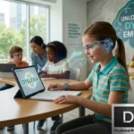 A young girl smiling as she uses assistive technology glasses and an e-reader tablet displaying the word "DYSLEXIA" in a modern classroom setting focused on dyslexia disability 2026-27. In the background, other children interact with tablets and teachers under a wall graphic that reads "UNLOCKING MINDS: DYSLEXIA EMPOWERED" and a poster for the "Global Dyslexia Access Initiative 2026-27." The "Special Ed Expert Ali" YouTube channel logo is in the top-left corner, and the "DP HO - Disabled Persons Health Organization" logo is in the bottom-right corner.