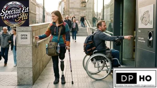 Two individuals with mobility disabilities—one using a prosthetic leg and another in a wheelchair—successfully navigating an accessible urban environment by using an automated 'Open Door' button. This visual highlights the importance of physical access and adaptive equipment for people with mobility disabilities, branded by Special Ed Expert Ali and DP-HO.