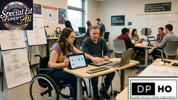 A collaborative Disability & AI Lab scene in 2026. A young woman in a wheelchair shows an tablet with an 'AI Accessibility Lab' interface to a visually impaired man, who is using a white cane and interacting with a laptop that has a dynamic braille output display. They are surrounded by diverse teams working on tech projects and whiteboards with AI flowcharts. Features 'Special Ed Expert Ali' and 'Disable Persons Health Organization' branding.