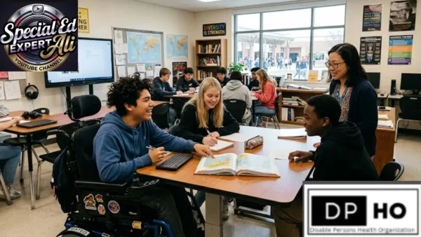A diverse, inclusive high school Least Restrictive Environment (LRE) where a student in a personalized power wheelchair sits at a collaborative table, interacting with peers and a teacher. The classroom features 'Special Ed Expert Ali' and 'DP-HO' branding, illustrating professional, 2026 inclusive education practices.