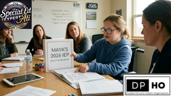 A student with Down syndrome confidently leads her 2026 IEP meeting, pointing to her 'My Future. My Goals.' binder while collaborating with a team of educators and parents. The scene represents the shift toward student-led Individualized Education Programs in a Future-Proof Classroom, branded by Special Ed Expert Ali and DP-HO.