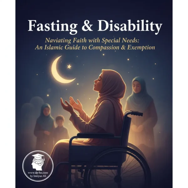 An illustrated book cover titled "Fasting & Disability: Navigating Faith with Special Needs," featuring a woman in a wheelchair praying under a crescent moon, with a logo for dp-ho.com by Imtiyaz Ali.