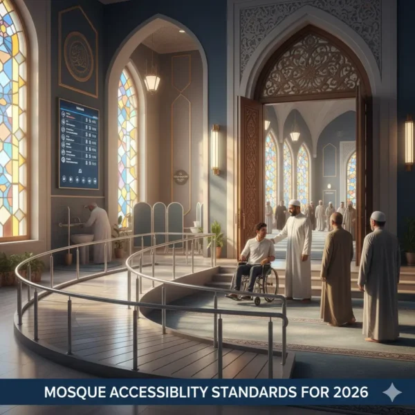 A modern mosque interior with a curved accessibility ramp for wheelchair users, demonstrating Mosque Accessibility Standards for 2026.