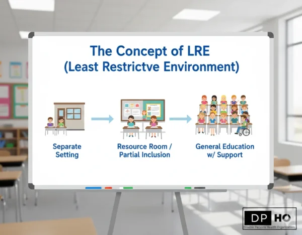 Educational infographic on Least Restrictive Environment (LRE) as mandated by IDEA Law and IEP for special education students.