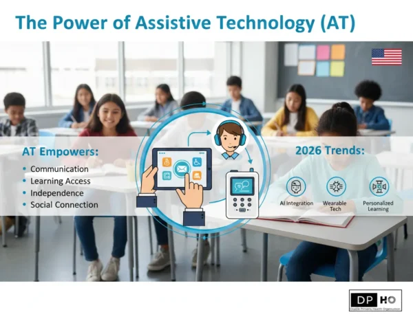 An infographic illustrating the power of Assistive Technology (AT) in 2026 under the IDEA Law and IEP framework, featuring communication tools and inclusive classroom settings in the USA.