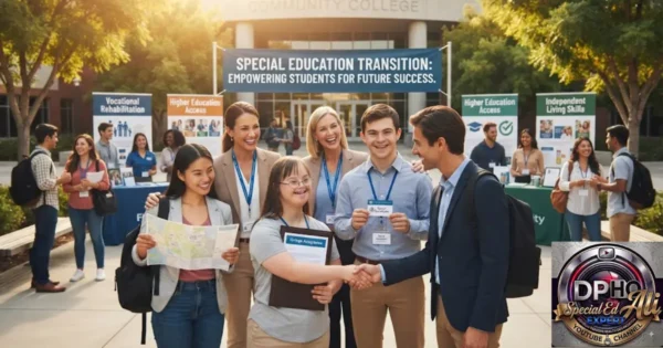 Students and educators at a community college fair focused on special education transition, empowering students for future success through vocational rehabilitation and independent living skills.