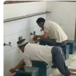 In this image from "taraweeh-with-disabilities-is-your-masjid-ready-7-essential-accessibility-tips.webp," two men are shown performing wudu (ablution) while seated on benches, demonstrating inclusive practices for Traweeh with disabilities. The scene, which includes "Special Ed Expert Ali" branding, highlights the importance of accessible facilities to ensure individuals with physical limitations can comfortably prepare for prayers.