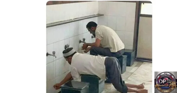 In this image from "taraweeh-with-disabilities-is-your-masjid-ready-7-essential-accessibility-tips.webp," two men are shown performing wudu (ablution) while seated on benches, demonstrating inclusive practices for Traweeh with disabilities. The scene, which includes "Special Ed Expert Ali" branding, highlights the importance of accessible facilities to ensure individuals with physical limitations can comfortably prepare for prayers.