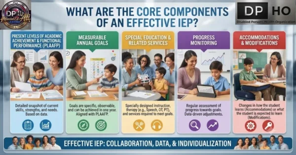 An infographic titled "What Are the Core Components of an Effective IEP?" showcasing five key elements: Present Levels of Academic Achievement & Functional Performance (PLAAFP), Measurable Annual Goals, Special Education & Related Services, Progress Monitoring, and Accommodations & Modifications. Each section includes a brief description of the component and representative icons. The footer highlights the overall principles: "Effective IEP: Collaboration, Data, & Individualization." The design includes branding for "Special Ed Expert Ali" and "DP HO: Disabled Persons Health Organization."