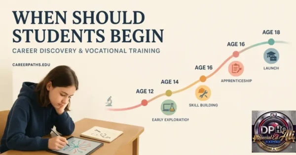 An educational infographic titled "When Should Students Begin Career Discovery & Vocational Training" featuring a student drawing on a tablet, with a timeline chart showing career development stages from age 12 to 18, including "Early Exploration," "Skill Building," "Apprenticeship," and "Launch," branded with the "Special Ed Expert Ali" logo.