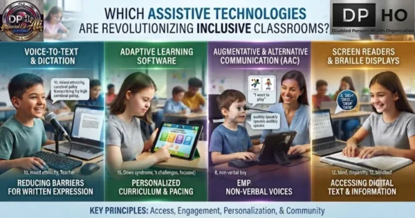 An infographic titled "Which Assistive Technologies Are Revolutionizing Inclusive Classrooms?" featuring four categories: Voice-to-Text & Dictation, Adaptive Learning Software, Augmentative & Alternative Communication (AAC), and Screen Readers & Braille Displays. Each section depicts students using specific technologies to support inclusive learning, with a footer summarizing the key principles: Access, Engagement, Personalization, & Community.