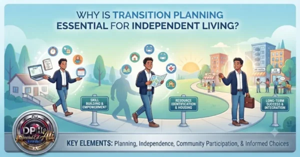 **Alt text:** An infographic titled "Why Is Transition Planning Essential for Independent Living?" highlights the journey toward autonomy for individuals with disabilities, featuring three key stages: skill building and empowerment, resource identification and housing, and long-term success and integration, all supported by planning, informed choices, and community participation.---* The visual roadmap emphasizes that transition planning is a fundamental right for ensuring independent living for persons with disabilities.
* It illustrates the process of gaining the necessary life skills and community resources required for successful integration into society.