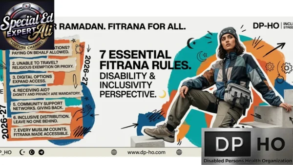 An informative infographic banner titled "7 ESSENTIAL FITRANA RULES. DISABILITY & INCLUSIVITY PERSPECTIVE," referenced as "7 Essential Fitrana Rules Every Muslim .webp". The right side features a young woman wearing a beanie, a patchwork jacket, cargo pants, and a crossbody bag, stepping confidently up a stone block against a vibrant, multi-colored abstract background. The left side displays a numbered, torn-paper checklist highlighting inclusive guidelines for Ramadan 2026–27: 1. Paying on behalf allowed; 2. Unable to travel? Religious exemption or proxy; 3. Digital options expand access; 4. Receiving aid? Dignity and privacy are mandatory; 5. Community support networks. Giving back; 6. Inclusive distribution. Leave no one behind; 7. Every Muslim counts. Fitrana made accessible. The top reads "RAMADAN. FITRANA FOR ALL," and the bottom includes the website URL "www.dp-ho.com". The image features the Special Ed Expert Ali logo in the top-left corner and the metallic Disabled Persons Health Organization (DPHO) plate logo in the bottom-right corner.