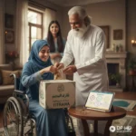 A professional illustration of Fitrana Rules for the disabled, showing a young woman in a wheelchair and an elderly man placing a Sadaqat-ul-Fitr bag into a donation box, with a tablet displaying SMART Goals for special education and the DP-HO Special Ed Authority logo in the bottom right.