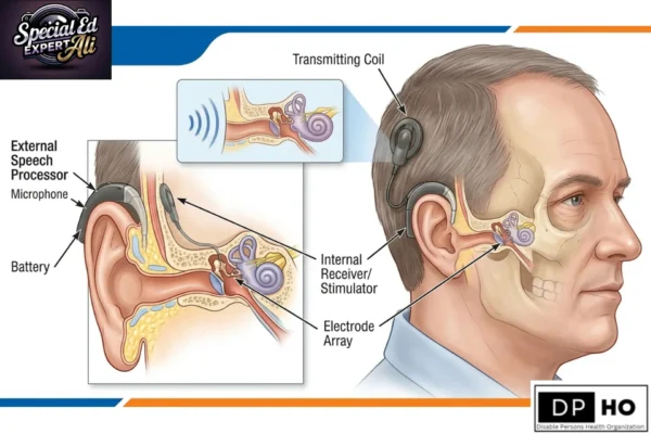 A medical illustration of an adult man with an adult cochlear implant, depicting how the device is integrated into the head and ear. The image is split, with a detailed cross-section of the ear canal and inner ear on the left, and a three-quarter view of the man's head and neck with a cutaway of the temporal bone on the right.The external component of the adult cochlear implant, including the speech processor, microphone, and battery, is shown behind the ear. A transmitting coil on the outside of the skull communicates with the internal receiver/stimulator, which is surgically implanted under the skin. An electrode array is seen extending from the stimulator into the cochlea of the inner ear.On the left side, labels and arrows point to the 'External Speech Processor', 'Microphone', and 'Battery', and on the right side, other labels and arrows point to 'Transmitting Coil', 'Internal Receiver/Stimulator', and 'Electrode Array'. Additionally, an in-set diagram illustrates the propagation of sound waves as they are received by the external microphone and transmitted through the different components.