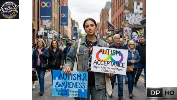 A wide-angle street photograph of an inclusive protest or awareness walk in a city alleyway, which is referenced as "Autism Awareness vs. Autism Acceptance (1).webp". The central figure, a young woman with a determined expression wearing a denim jacket and layered necklaces, holds two distinct signs and look directly at the camera. In her right hand, she holds a blue sign that reads "AUTISM AWARENESS" and "Focus on difference. Support programs," featuring a blue puzzle-piece ribbon. In her left hand, she holds a white sign that reads "AUTISM ACCEPTANCE" and "Appreciate the neurotype. Listen to us," featuring a rainbow infinite loop neurodiversity symbol. Diverse people walk behind her, following the path through the street, which is lined with old buildings and various neurodiversity flags displaying the rainbow infinite loop. A watermark for the "Special Ed Expert Ali YOUTUBE CHANNEL" is in the top-left corner, and a watermark for the "DPHO Disabled Persons Health Organization" is in the bottom-right corner. The overall atmosphere is serious, determined, and supportive.