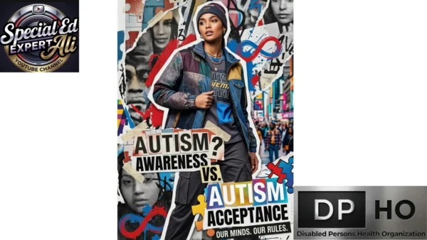 An intricate, collage-style poster, referenced as "Autism Awareness vs. Autism Acceptance (2).webp", centers on a young woman wearing a patchwork-patterned jacket, an autism-themed t-shirt, a beanie, and cargo pants. She poses with one hand in her pocket, looking directly at the viewer. Surrounding her are layers of ripped-paper cutouts from news and fashion prints, creating a busy, multi-faceted background with a distant, crowded city street. Large, blocky text, created from collage letters and overlapping boxes, is positioned prominently to the woman's left and below her. The text, in various colors and fonts, presents a central theme: "AUTISM? AWARENESS VS. AUTISM ACCEPTANCE." Additional phrases on ripped paper cutouts say "OUR MINDS. OUR RULES." Multiple symbols are integrated into the collage: a red infinity loop, a large green puzzle piece, and smaller red and blue puzzle pieces, as well as a yellow puzzle piece. The overall composition is textured and layered. In the top-left corner, there is a logo of "Special Ed Expert Ali YOUTUBE CHANNEL". In the bottom-right corner, there is a metallic plate logo of "DPHO Disabled Persons Health Organization".