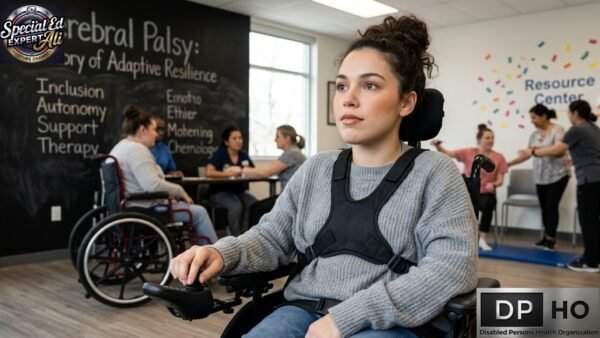 A young woman wearing a grey sweater and a supportive chest harness sits in a motorized wheelchair, looking forward thoughtfully. She is in a bright classroom or resource center. In the background, a large blackboard reads "Cerebral Palsy: A Story of Adaptive Resilience" alongside terms like Inclusion, Autonomy, Support, and Therapy. Other individuals, including a person using a manual wheelchair, are seen interacting in small groups around the room, and a wall in the distance is decorated with colorful confetti graphics and the words "Resource Center."