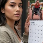A young woman in a green jacket holds open a spiral-bound calendar against a brick wall. The upper page of the calendar shows a photo of a smiling female athlete competing in a racing wheelchair on a track. The lower page displays a monthly calendar grid labeled "MANTH." The "Special Ed Expert Ali" YouTube channel logo is featured in the top-left corner, and the "DP HO - Disabled Persons Health Organization" logo is placed in the bottom-right corner.