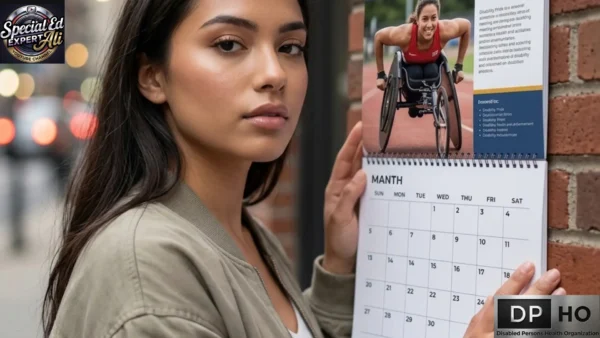 A young woman in a green jacket holds open a spiral-bound calendar against a brick wall. The upper page of the calendar shows a photo of a smiling female athlete competing in a racing wheelchair on a track. The lower page displays a monthly calendar grid labeled "MANTH." The "Special Ed Expert Ali" YouTube channel logo is featured in the top-left corner, and the "DP HO - Disabled Persons Health Organization" logo is placed in the bottom-right corner.