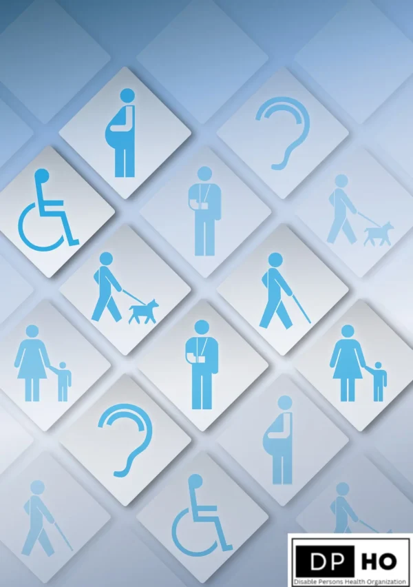 A professional Disability Inclusion Calendar graphic featuring blue and white icons for mobility disabilities, visual impairment, and inclusive support services.