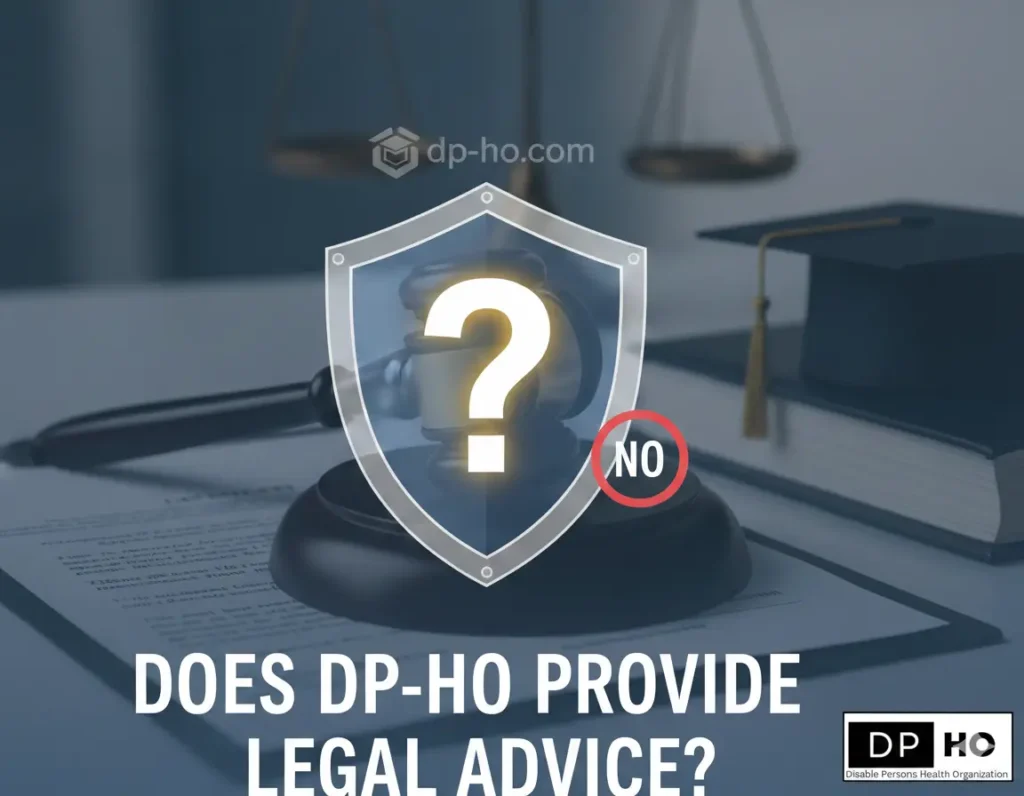 A professional graphic with the text 'DOES DP-HO PROVIDE LEGAL ADVICE?' featuring a gavel, a graduation cap, and a shield with a question mark. The image includes a 'NO' symbol and the Disable Persons Health Organization (DP HO) logo in the bottom right corner.