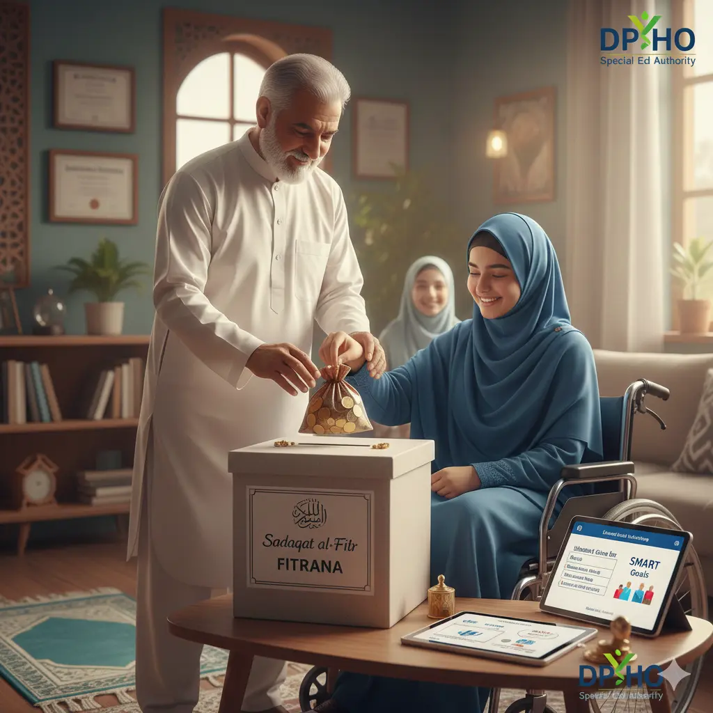 An elderly man in traditional white attire assisting a young woman in a wheelchair to place a bag of coins into a 'Sadaqat al-Fitr / Fitrana' donation box. The scene includes an iPad displaying 'SMART Goals' for special education, reflecting the 'Special Ed Authority' branding.