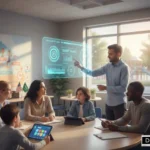 special education expert leading an IEP meeting with parents and a student, featuring a holographic display of educational progress data. Expert educator explaining IDEA Law and IEP process using a digital dashboard.