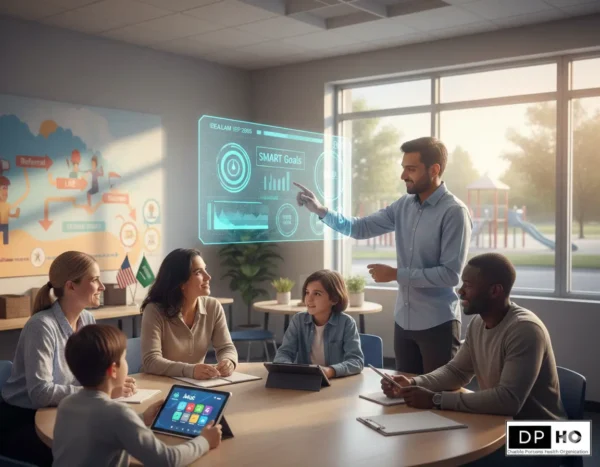 special education expert leading an IEP meeting with parents and a student, featuring a holographic display of educational progress data. Expert educator explaining IDEA Law and IEP process using a digital dashboard.