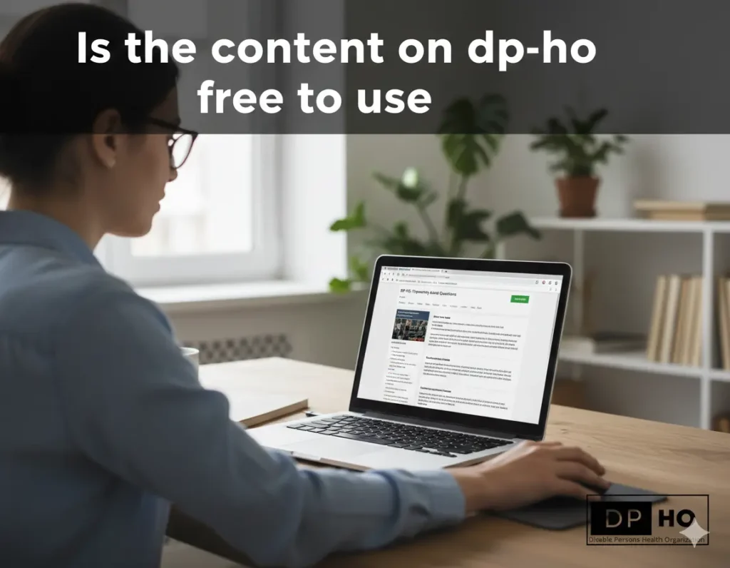 A professional woman viewing the dp-ho.com website on a laptop in a bright office, with the title 'Is the content on dp-ho free to use' and the dp-ho logo in the bottom right corner.