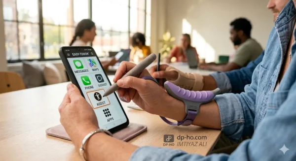 A person with limited hand dexterity uses a specialized stylus and a curved arm support to navigate an accessibility-focused smartphone interface, demonstrating assistive technology for mobile disabilities.