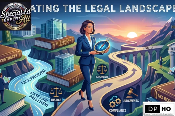 A conceptual illustration titled "Navigating the Legal Landscape" featuring a professional woman in a blue suit holding a gold compass. She walks along a winding path through a mountainous terrain where giant law books serve as foundations for modern buildings. The landscape includes a river labeled "Case Precedent" and various legal markers such as "Statutes," "Intellectual Property," "Contracts," and "Tax Regulations." Icons for Justice, Judgments, and Compliance are visible along the trail. The image includes the "Special Ed Expert Ali" YouTube logo in the top left and the "DP-HO - Disable Persons Health Organization" logo in the bottom right.