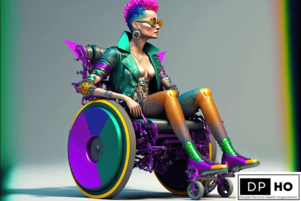 A cyberpunk-inspired portrait of a woman with a bright blue and purple Mohawk and round sunglasses, wearing a turquoise leather jacket and metallic armor. She is seated in a highly detailed, futuristic purple wheelchair with a colorful segment wheel. The Disable Persons Health Organization (DP-HO) logo is in the bottom right corner, symbolizing accessible and innovative mobility solutions.