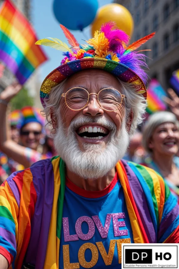 A happy, smiling elderly man with a white beard and round glasses in a rainbow-colored parade. He is wearing a glittery rainbow top hat with feathers and a rainbow jacket. His blue shirt features "LOVE LOVE" in bold pink and orange text. In the background, there is a rainbow pride flag, yellow and blue balloons, and other celebrants. The Disable Persons Health Organization (DP-HO) logo is in the bottom right corner, symbolizing the intersectionality of love, age, and disability inclusion.