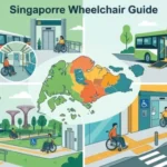 Singapore Wheelchair Guide" infographic, showcasing a map and illustrations of wheelchair-accessible transportation options and urban spaces in Singapore.